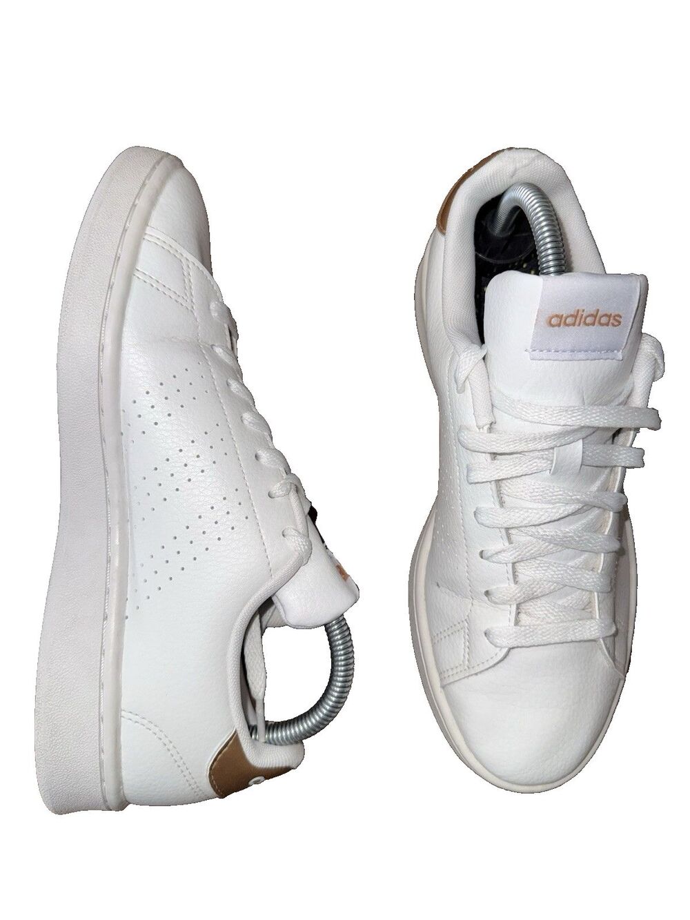 Adidas Advantage White Leather Sneakers Gold Heel Logo Lace Up Low Top Women's 8